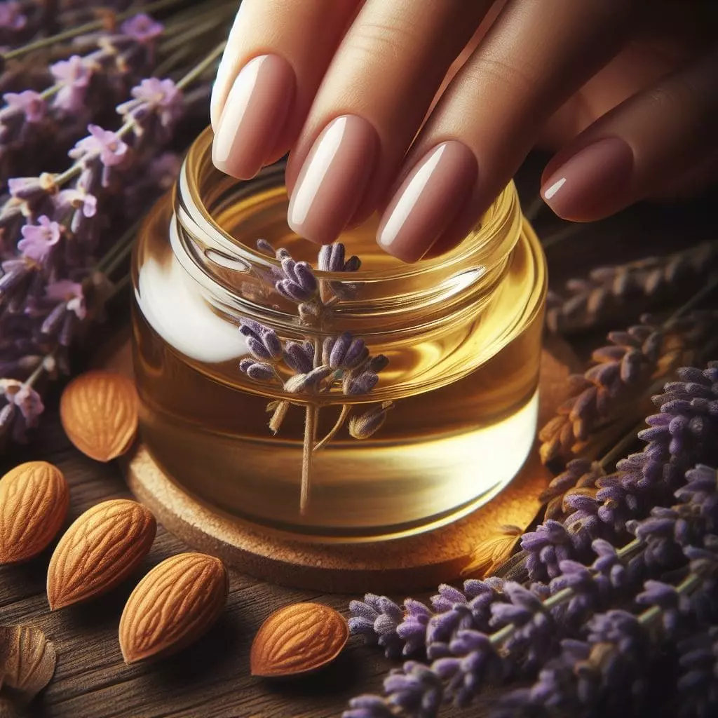 Hands on a jar of oil with lavender and almonds around it